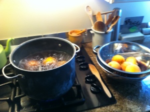Blanching the peaches to peel them, very steamy work. 